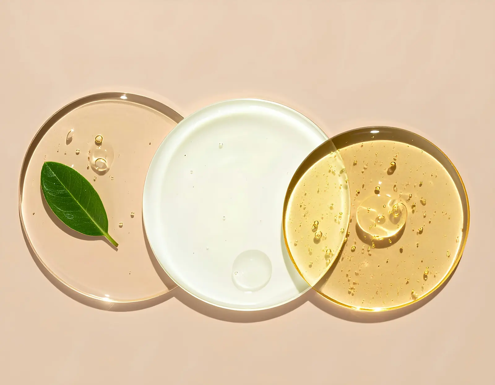 Clear and golden skincare serums spread in round glass dishes, with a green leaf, on a soft peach background